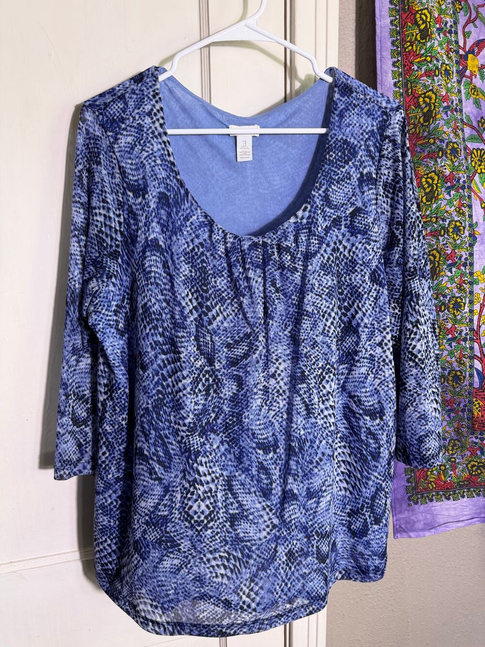 Chicos Blue Snakeskin Print Mesh Layered Top 3/4 Sleeve Tunic - Size 3 XL